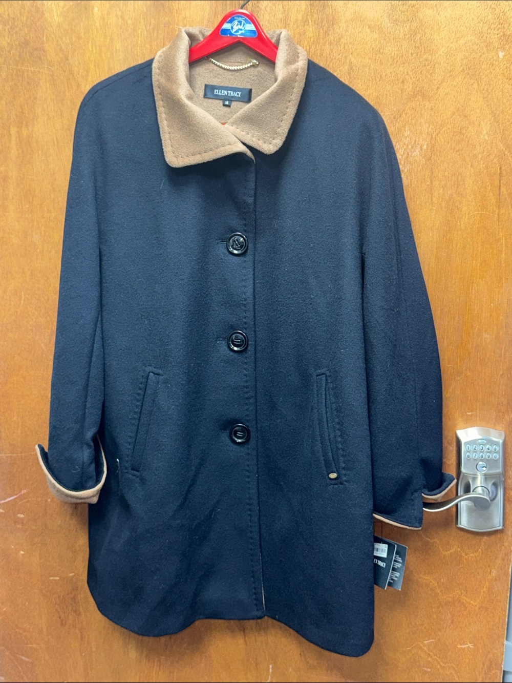 Ellen Tracy Black Wool-Blend Pea Coat with Tan Collar